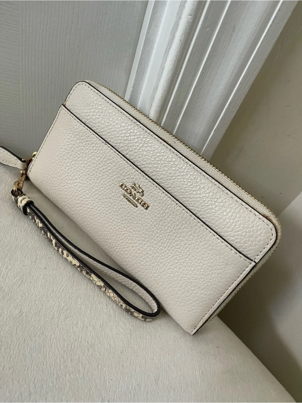 Coach Pebbled Leather Wristlet in Cream with Gold Logo